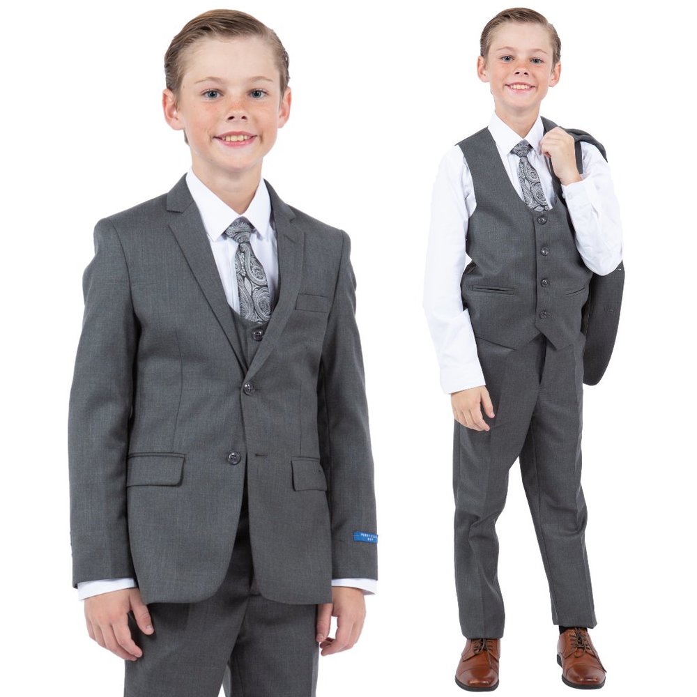 Perry Ellis Boys Sharkskin 5pc Suit, Gray Slate